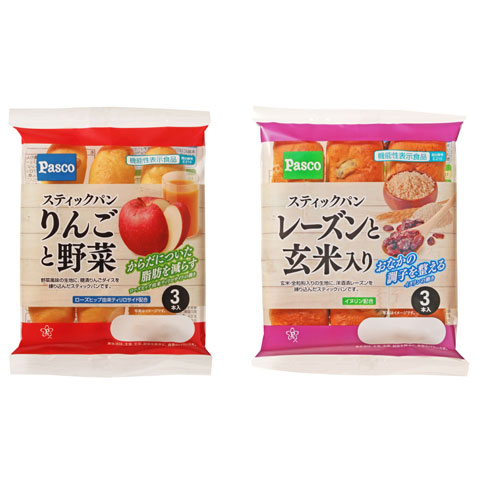 「スティックパン りんごと野菜3本入」「スティックパン レーズンと玄米入り3本入」